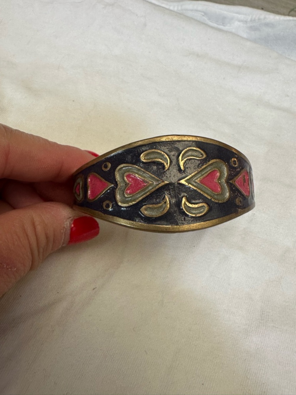 Handcrafted Brass Cuff Bracelet with Pink Heart Inlay
